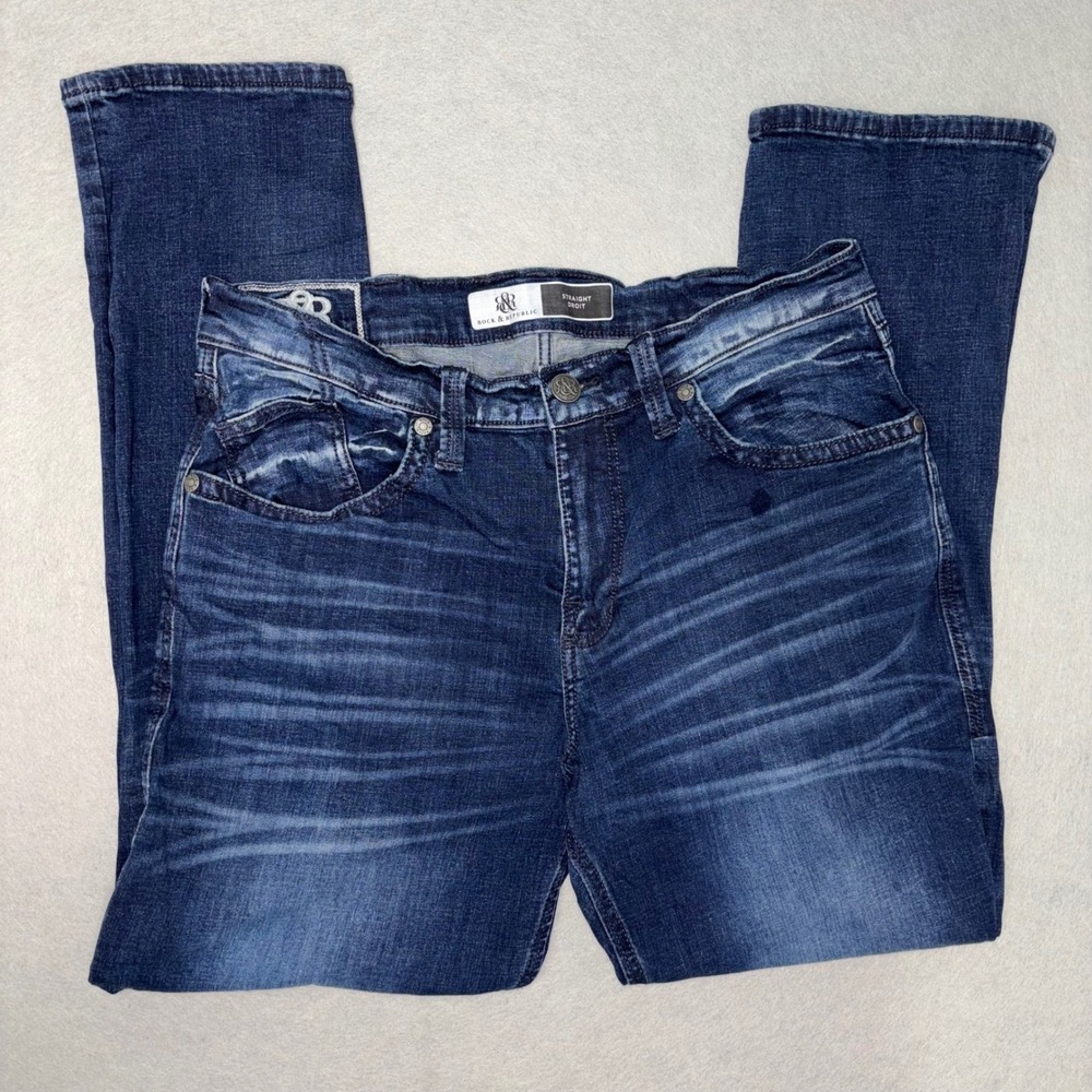 Rock & Republic Straight Leg Jeans Mens 36x30 Dark Wash Blue Denim Rocker Y2K